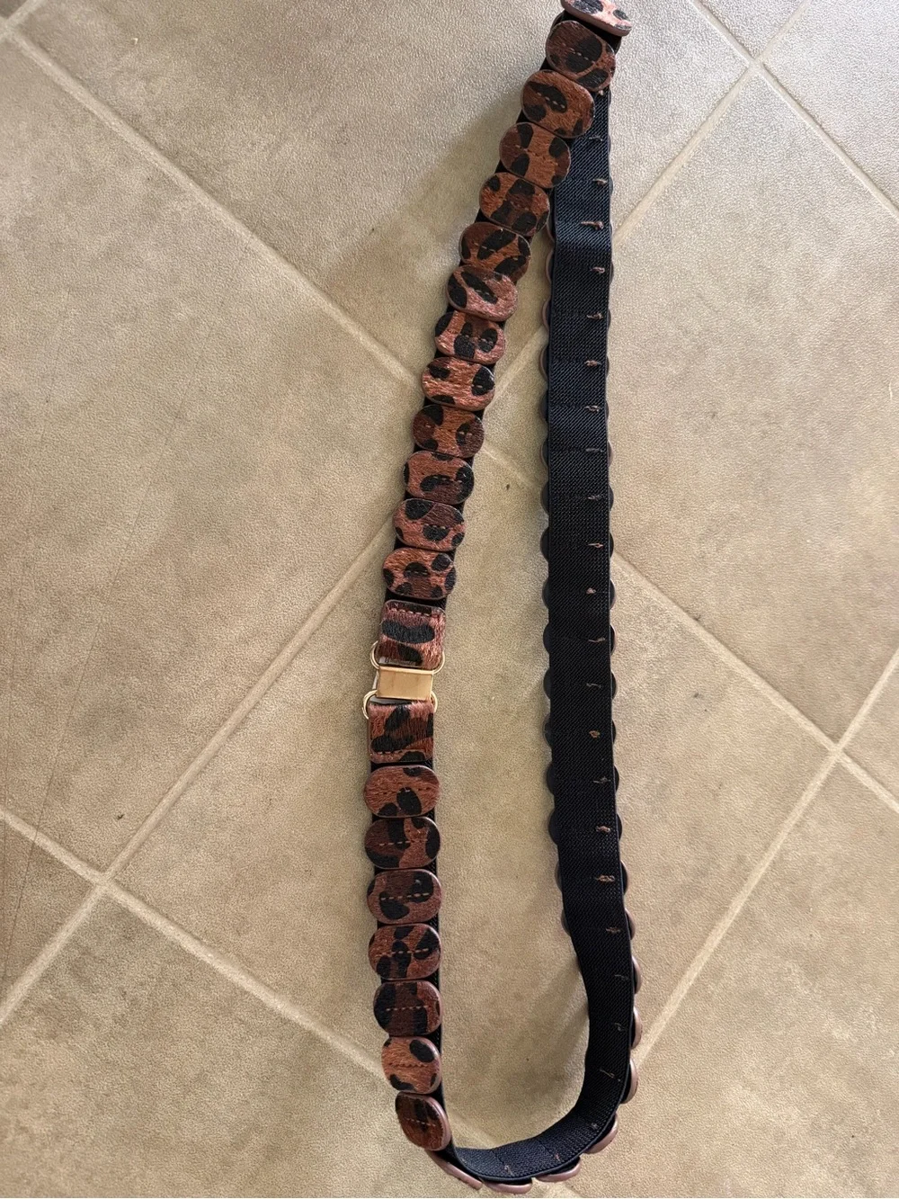 Leopard Print Elastic Women's Belt Black Copper Sheen Faux Hair Gold Tone Clasp